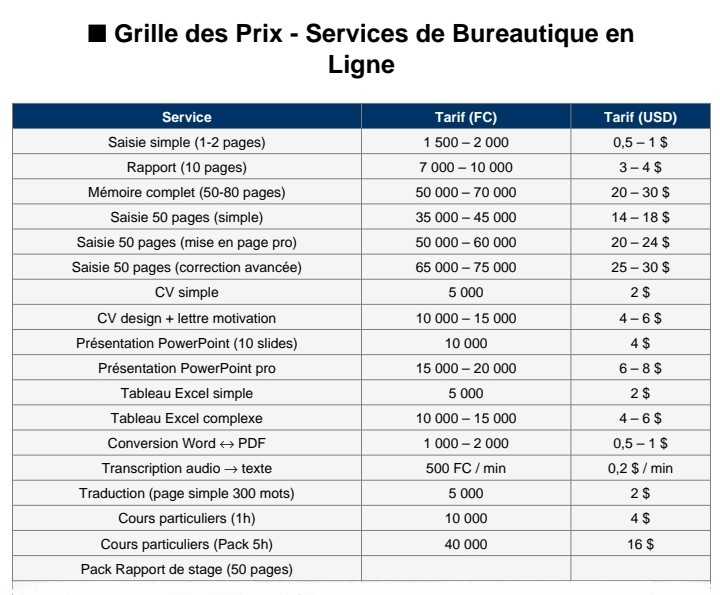 Grille des prix de nos services